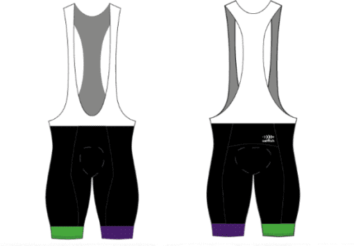 back and front of cycling bib knicks with green and purple trim