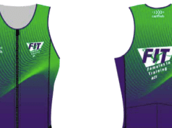 fornt and back of green and purple trisuit top