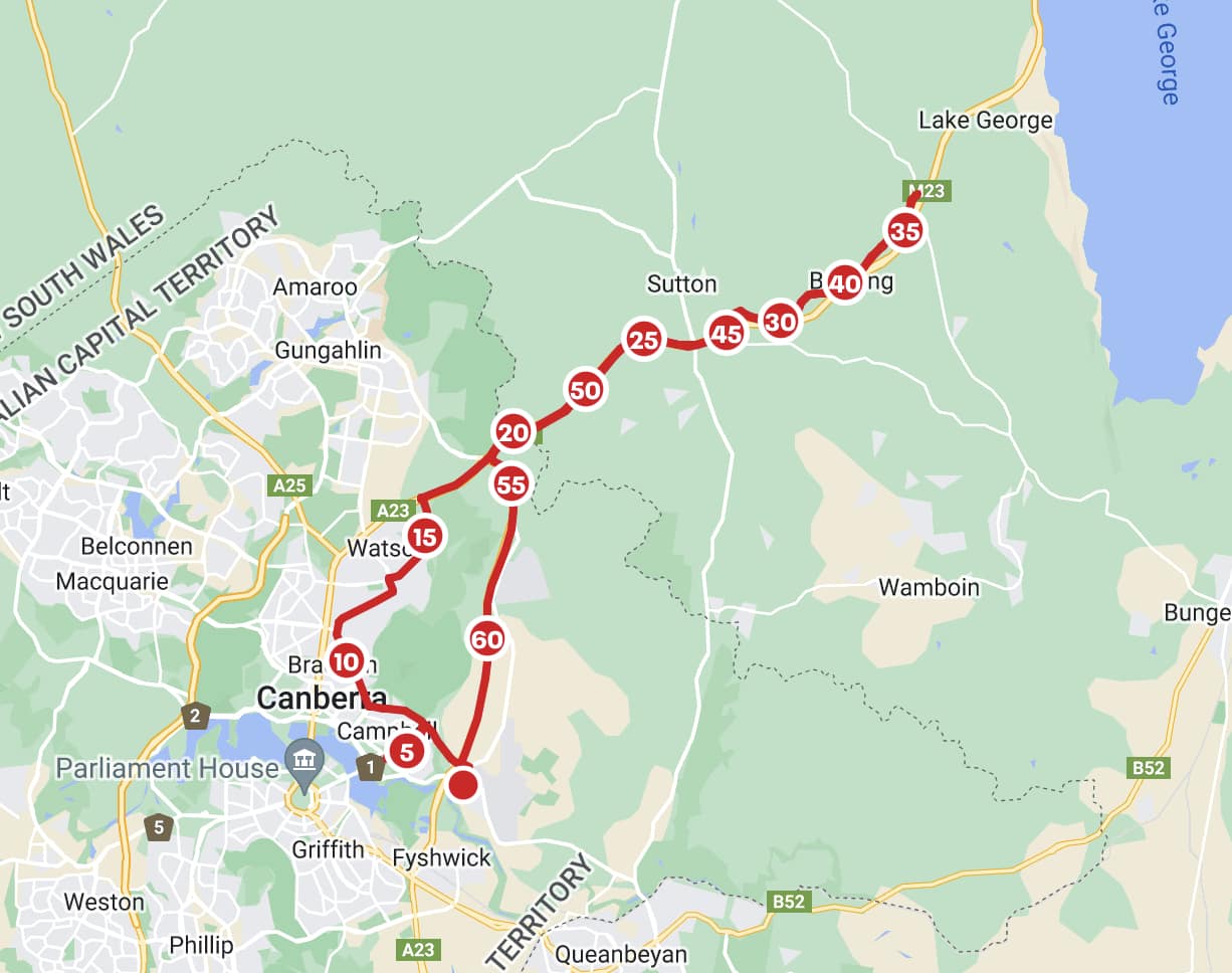 Map with red line depicting cycling route from Pialligo out to l towards lake George