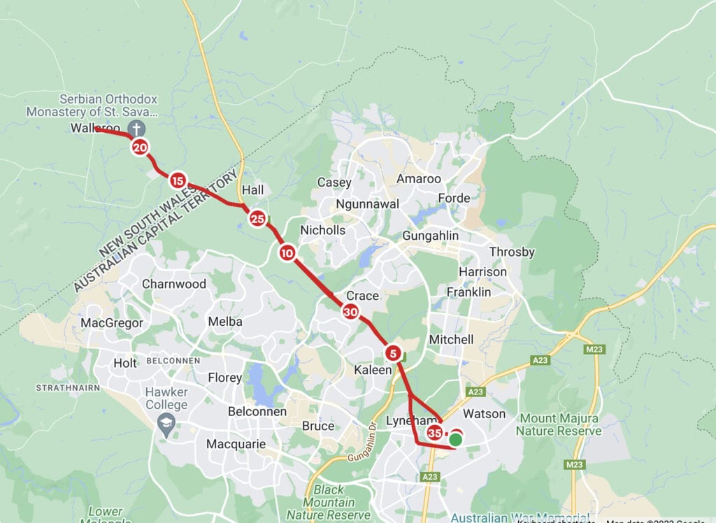 Map with red line denoting route from Downer to wallaroo and back