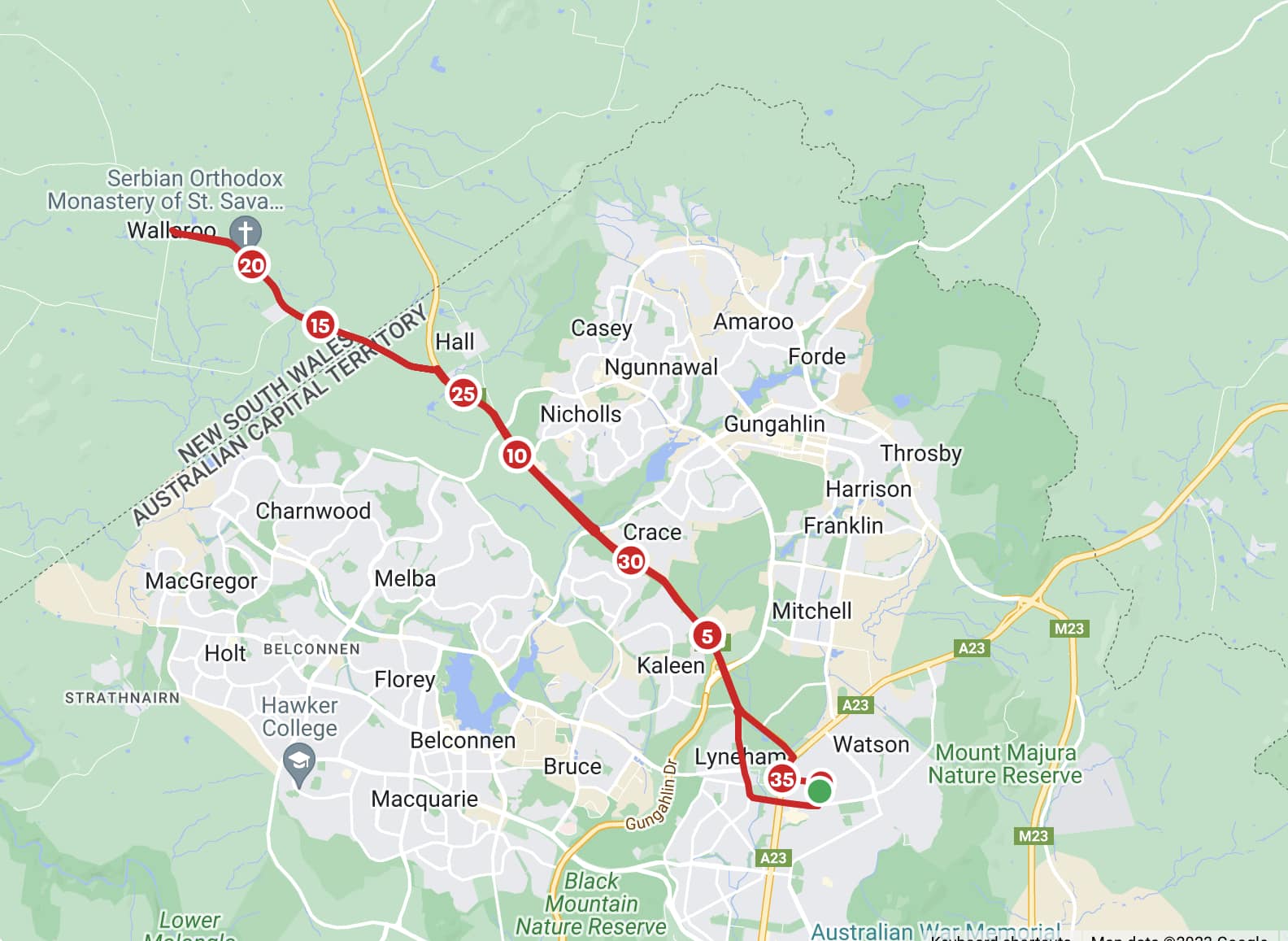 Map with red line denoting route from Downer to wallaroo and back