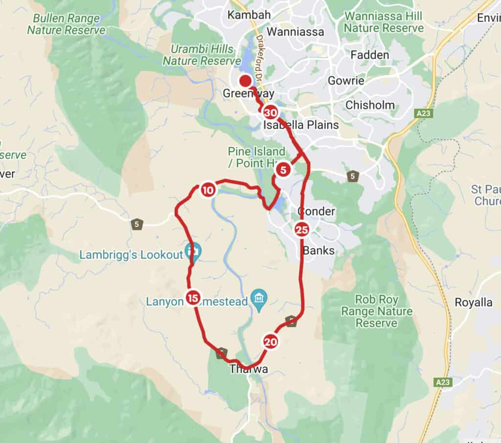 Map with red line denoted lopped route out to Tharwa and back from Tuggeranong