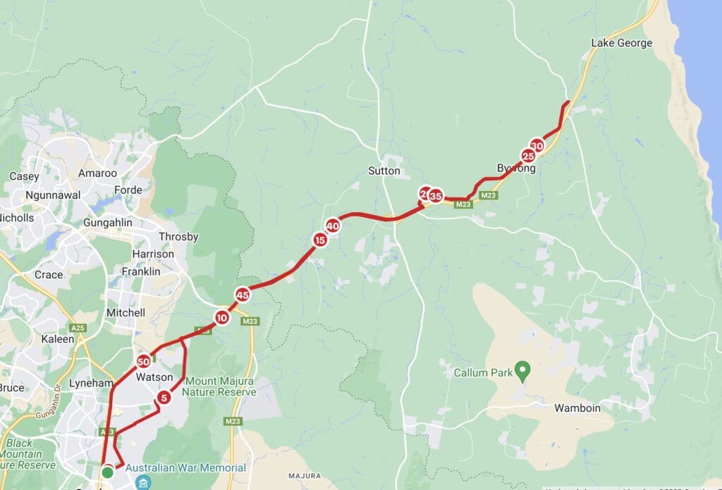 Map with red line denoting cycling route from Canberra out along Federal Hwy