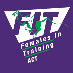 Fit logo- Purple square with a white triangle and green silhouette of a feline. Text reads FIT females in training ACT